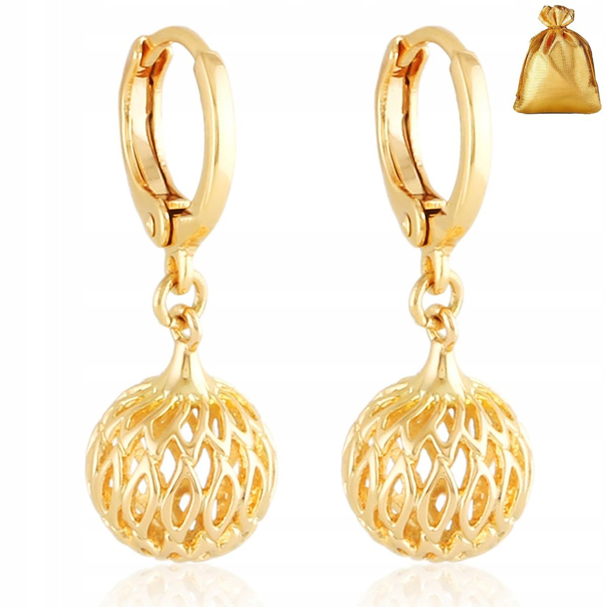 Pozłacane Kolczyki Ze Stali Chirurgicznej Wiszące, Ażurowe Kulki, Kuleczki