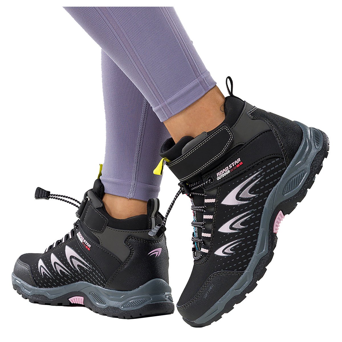Czarne buty trekkingowe damskie na bieżnikowanej podeszwie z regulowaną elastyczną sznurówką różowe wstawki softshell Casu 2310-12W-41