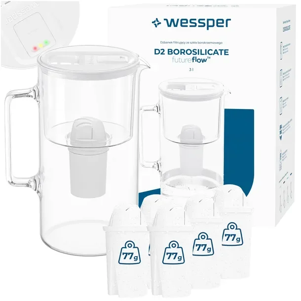 Dzbanek filtrujący szklany Wessper D2 BOROSILICATE FF 3l biały + 6x filtr