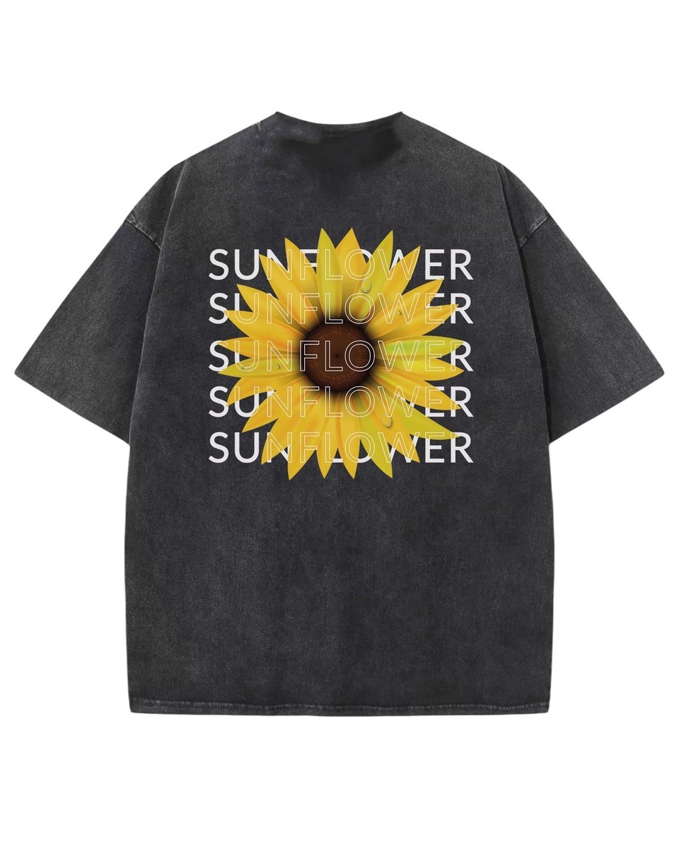 Męska koszulka oversize efekt sprania Słonecznik Kwiaty Lato Czarna L