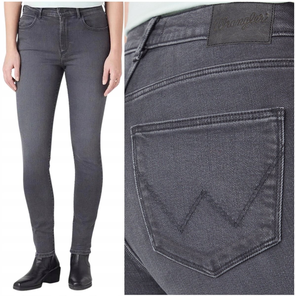 Wrangler HIGH SKINNY wysokie szare damskie spodnie jeansowe rurki W27 L30