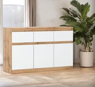 Szafki RTV - Komoda Biała Drewniana Nowoczesna 120cm 3 Szuflady Szafka Rtv Dąb Wotan - miniaturka - grafika 1