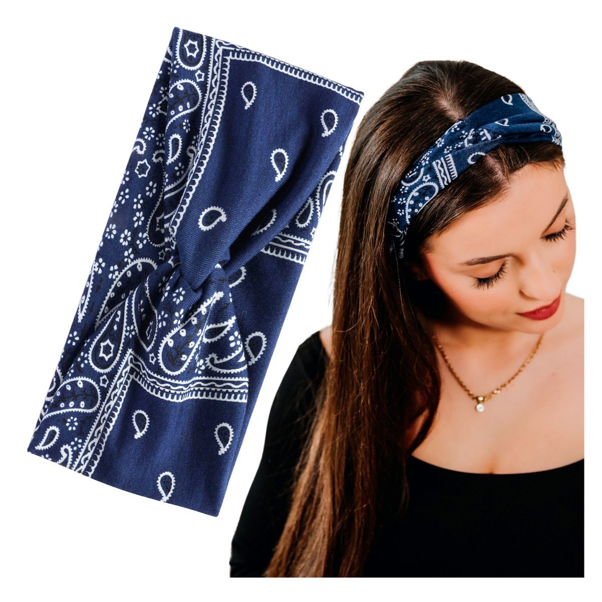 Opaska na Głowę Niebieska do Włosów Szeroka Elastyczna Supeł Paisley Gładka