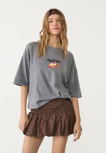 Stradivarius Koszulka oversize z grubej bawełnianej tkaniny z kaczuszką Średnioszary L - Koszulki i topy damskie - miniaturka - grafika 1