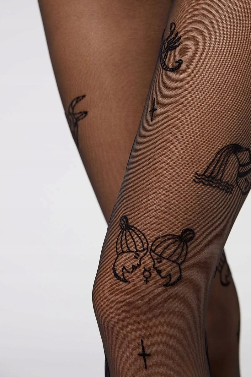 CALZEDONIA rajstopy ASTROLOGY zodiak czarne flokowany wzór T.1/2 S/M