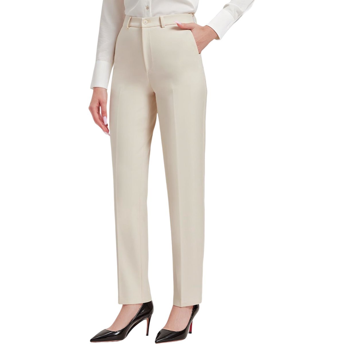 Damskie Spodnie Garniturowe Materiałowe Długie Nogawki Modne Beżowe 3XL