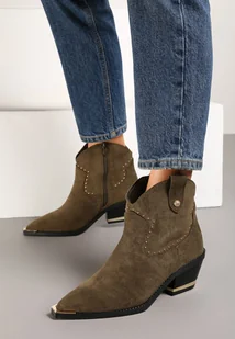 Ciemnozielone Niskie Botki Kowbojki z Imitacji Zamszu Zdobione Nitami Rialwen - Botki damskie - miniaturka - grafika 1