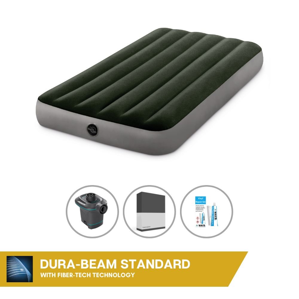 Łóżko dmuchane Intex - 1 osoba - 99 x 191 x 25 cm - zielone + pompka elektryczna Intex - 650 litrów/min + prześcieradło czarne + zestaw naprawczy