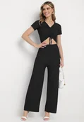 Komplety damskie - Czarny Komplet Top ze Ściągaczem Spodnie z Szerokimi Nogawkami i Gumką w Pasie Rolana - miniaturka - grafika 1