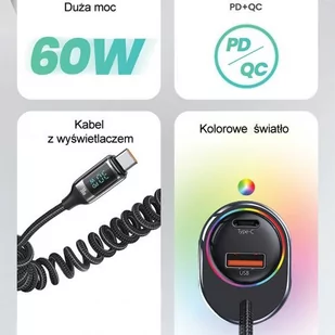 USAMS Ład. sam. C37 1xUSB+1xUSB-C 60W + kabel USB-C 30W PD+QC Fast Charge czarny/black CC192CC01 (US-CC192) - Ładowarki samochodowe - miniaturka - grafika 2