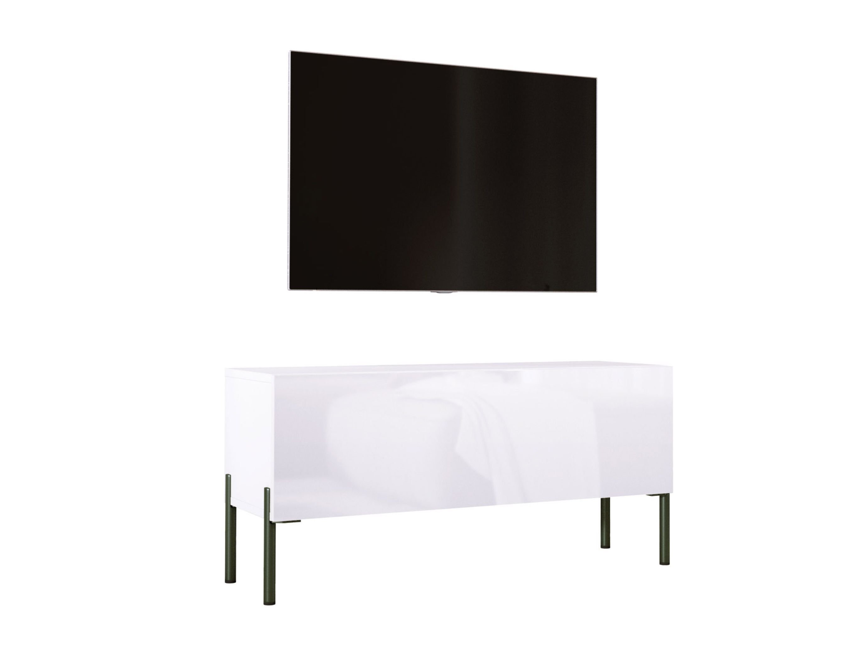 Szafka pod telewizor w kolorze białym matowym / białym błyszczącym z nogami w kolorze czarnym, A: szer: 100 cm cm, wys: 52 cm, gł: 32 cm. Meble pod telewizor, stolik pod telewizor, ława pod telewizor