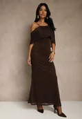 Sukienki - Brązowa Sukienka o Asymetrycznym Kroju Ozdobiona Falbaną Owedia - Renee - miniaturka - grafika 1