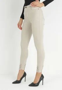 Jasnobeżowe Jeansy Skinny z Postrzępioną Nogawką Chiteli - Spodnie damskie - miniaturka - grafika 1