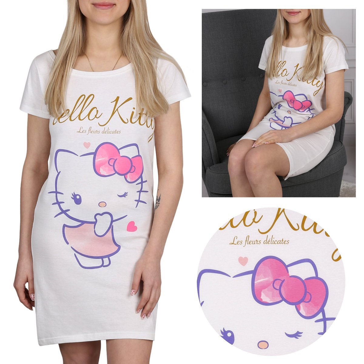 Hello Kitty Kremowa, damska koszulka nocna, bawełniana koszulka do spania L