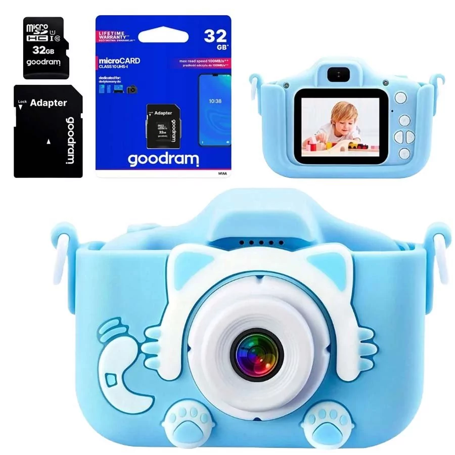 Revento Aparat Fotograficzny Dla Dzieci Kotek niebieski + Karta pamięci 32 GB Zabawka Dla Dzieci