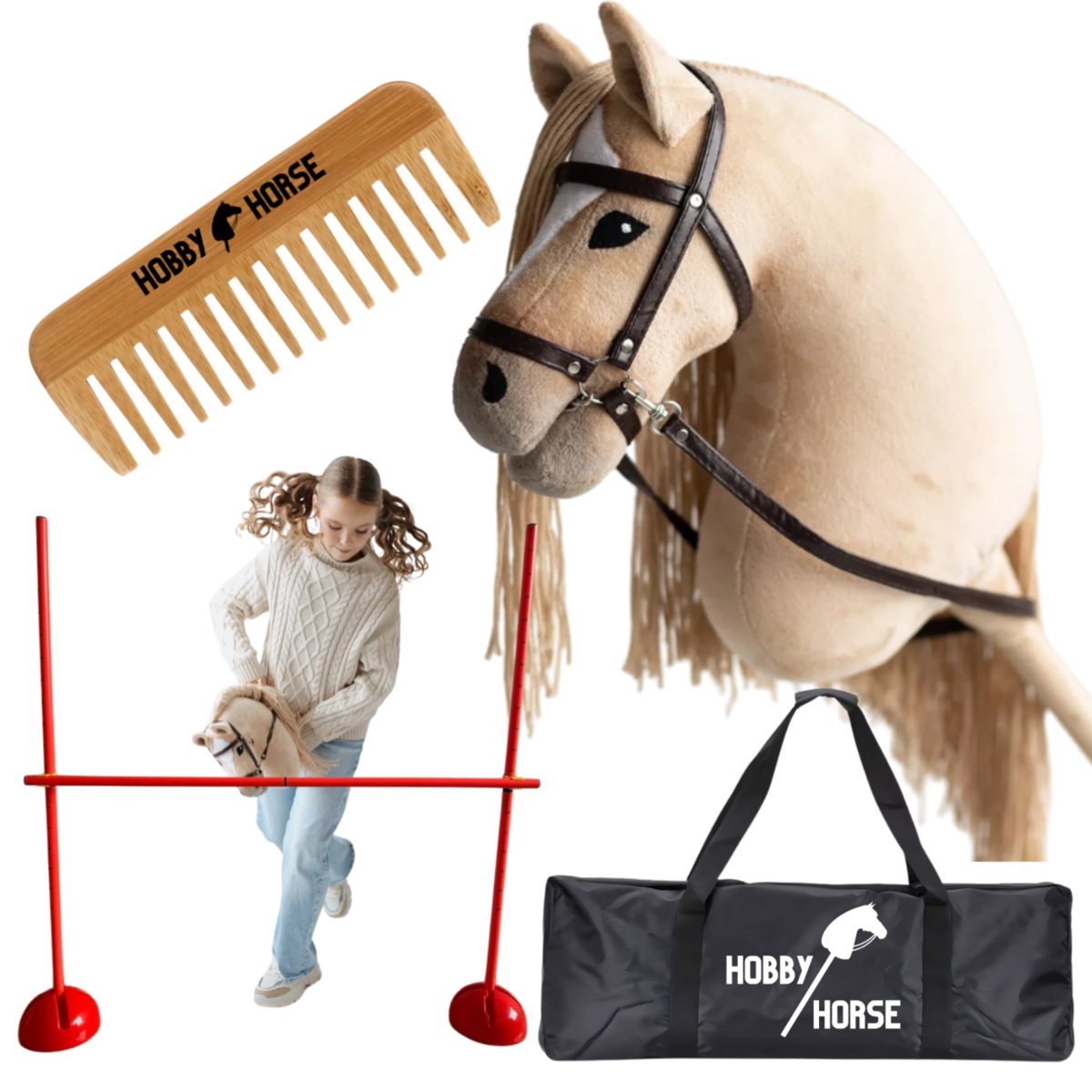 ZESTAW HOBBY HORSE KOŃ NA KIJU A3 + PRZESZKODA DO SKAKANIA 120 CM + GRZEBIEŃ [M-ZESTAW-H1-1]