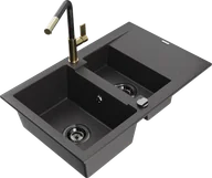 Zlewozmywaki z baterią - Mexen Gaspar zlewozmywak granitowy 1,5-komorowy z ociekaczem i baterią kuchenną Flora, czarny nakrapiany - 6507-76-670401-75-B - miniaturka - grafika 1