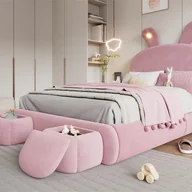 Łóżka dla dzieci i młodzieży - Łóżko dziecięce 140x200 cm tapicerowane aksamitem - królicze ucho z regulowaną diodą LED - z 2 stołkami do przechowywania - Różowy - miniaturka - grafika 1