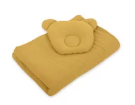 Kołdry i poduszki dla dzieci - Kołderka Z Wypełnieniem I Poduszka Profilowana Miś Muślin- Zestaw 2Cz. - Musztardowy - miniaturka - grafika 1