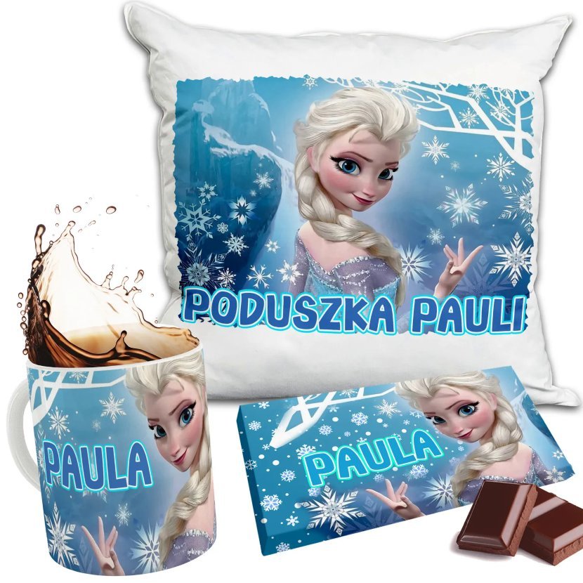Zestaw KRAINA LODU FROZEN Kubek + Poduszka + Czekolada Imię Prezent Nadruk