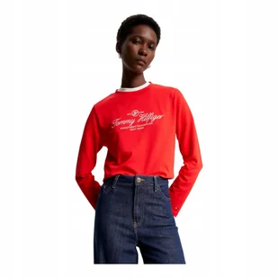 TOMMY HILFIGER KOSZULKA DAMSKA DŁUGI RĘKAW REG HILFIGER SCRIPT CZERWONA r.M - Koszulki i topy damskie - miniaturka - grafika 1