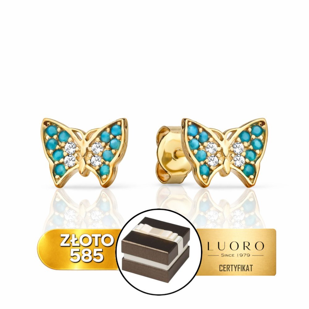 KOLCZYKI ZŁOTE 585 14K MOTYLKI NIEBIESKI KAMIEŃ CYRKONIA SZTYFT 0,8 CM