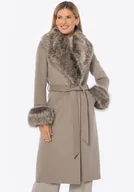 Płaszcze damskie - Płaszcz damski z wełną i futrzanymi elementami ciemny beż - miniaturka - grafika 1