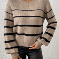 Bluzy damskie - TEMU Wiosna/Jesień Casualowa Elegancka Pasiasta Kontrastowa Kolorowa Dopasowana Krótka Okrągła Bluza z Latarnianymi Rękawami Wielofunkcyjny Sweter - miniaturka - grafika 1