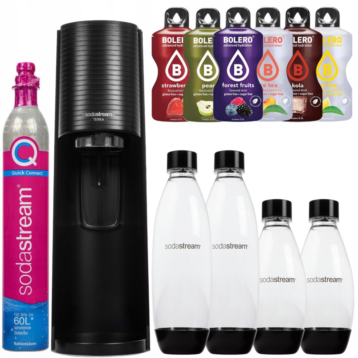 Saturator wody SODASTREAM Terra, 8 szt. - czarny zestaw z butelkami i napojami bez cukru Quick Connect gazowanie wody