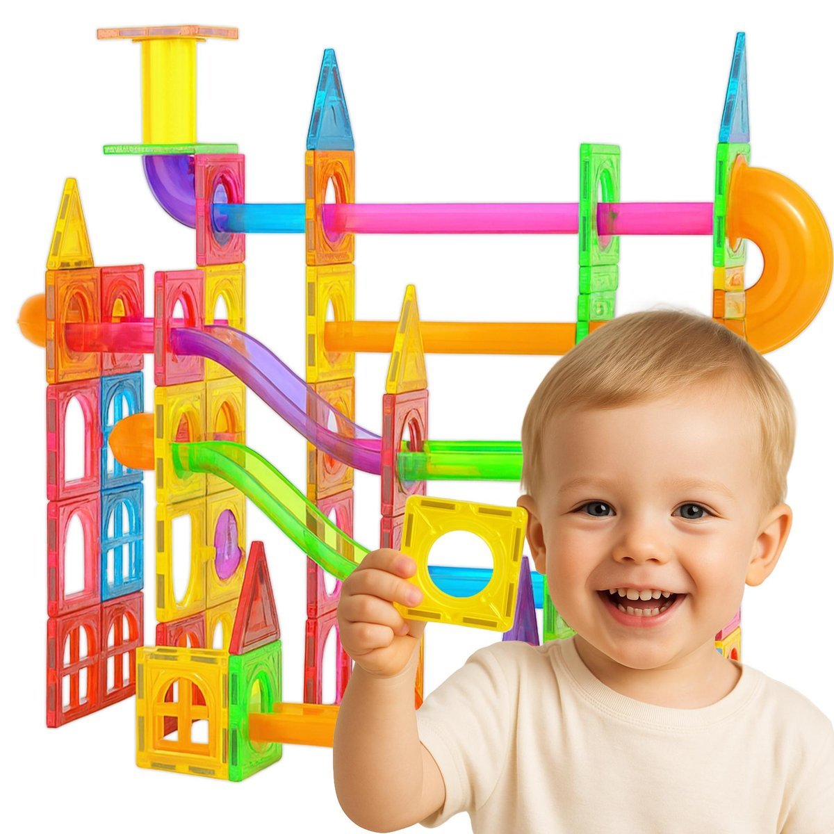 KLOCKI MAGNETYCZNE ZESTAW XXL TOR KULKOWY KULODROM 100 ELEMENTÓW DUŻY TOR