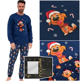 Cornette Piżama Męska Świąteczna Długi Rękaw Granatowa Piesek Bawełna M - Piżamy damskie - miniaturka - grafika 1