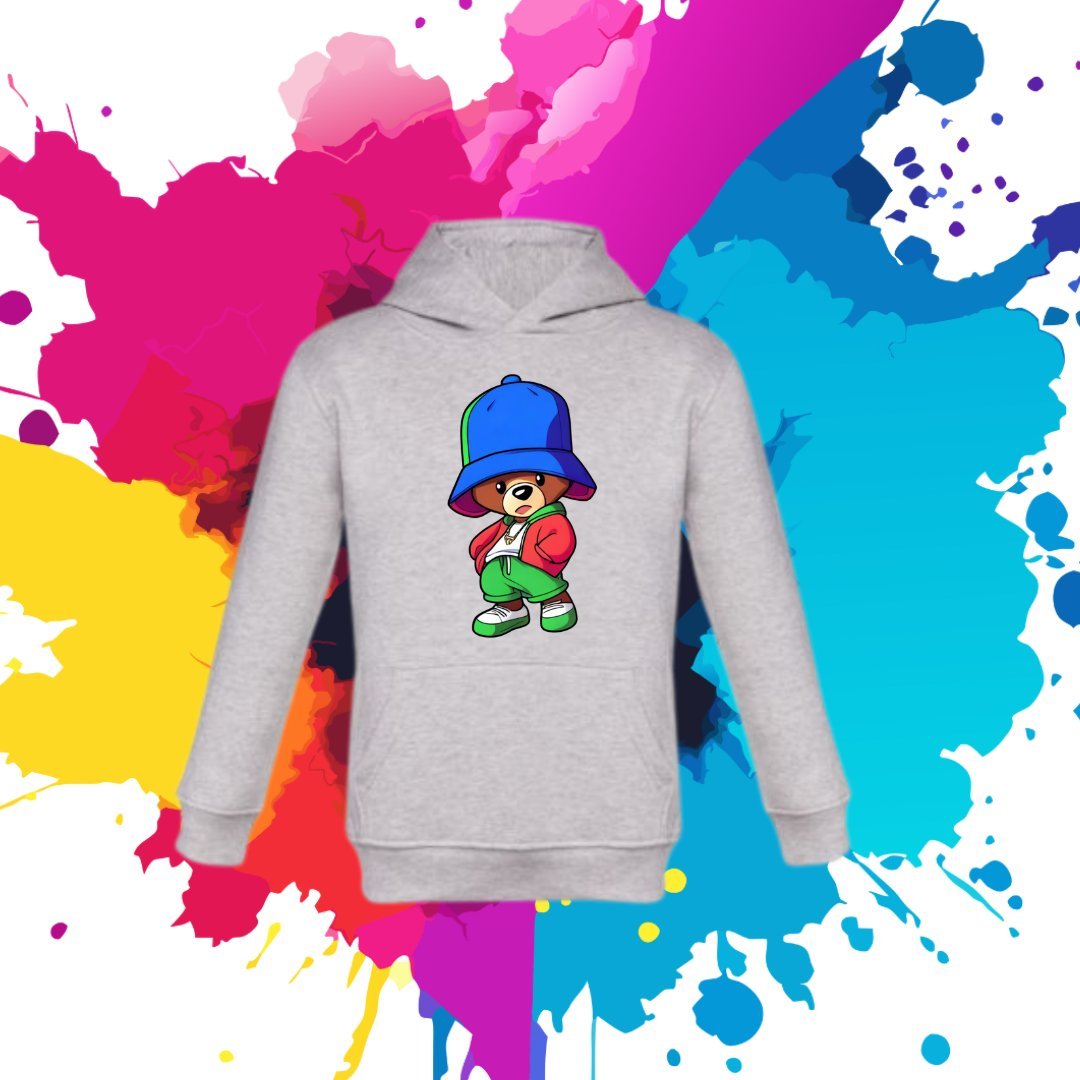 Bluza dziecięca typu kangurka z kapturem w kolorze jasnoszarym z nadrukiem ludzik Exa 2 lata