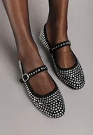 Baleriny - Czarne Balerinki na Płaskiej Podeszwie Mary Jane z Cyrkoniami Jomelia - miniaturka - grafika 1