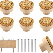 Zawiasy, okucia i inne akcesoria - Sześć gałek meblowych z rattanu w stylu boho, sześć drewnianych gałek do szuflad i sześć drewnianych uchwytów meblowych, z sześcioma śrubami. Pasuje - miniaturka - grafika 1