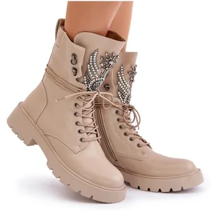 S.Barski Eko Skórzane Botki Workery Ze Zdobieniem Ocieplane D&A MR880-080 Beżowe beżowy - Botki damskie - miniaturka - grafika 1