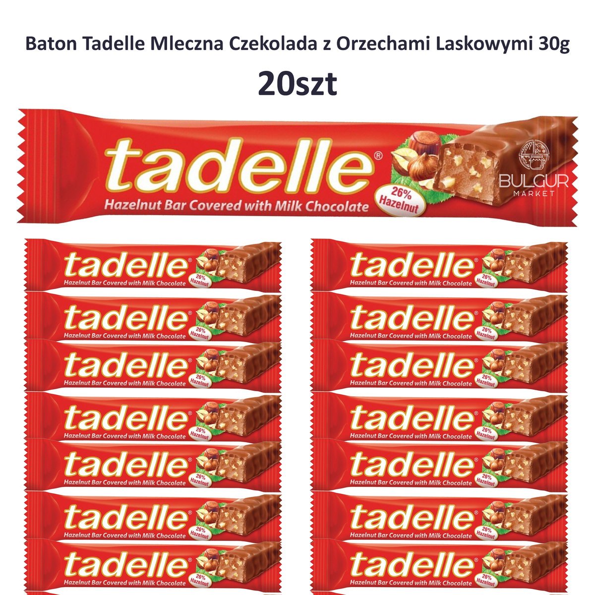 Tadelle Baton Mleczna Czekolada z Orzechami Laskowymi 30g – zestaw 20 szt.