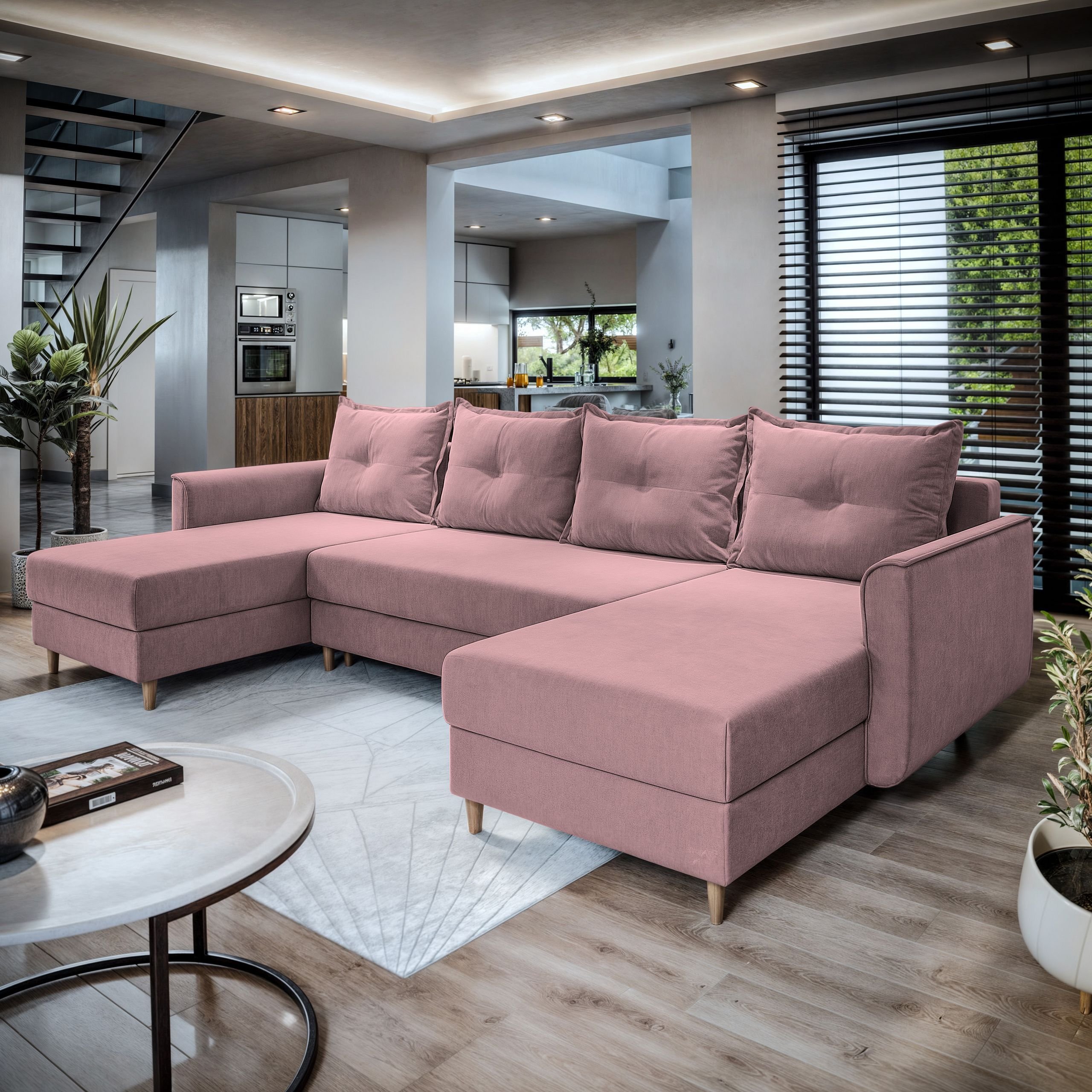 Masseno Narożnik VERNI z funkcją spania i pojemnikiem na pościel Kształt U, Rozkładana sofa, Rogówka - Pudrowy róż, KRONOS 27