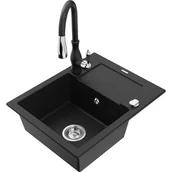 Zlewozmywaki z baterią - Mexen Enzo zlewozmywak granitowy 1-komorowy z ociekaczem i baterią kuchenną Savita, czarny - miniaturka - grafika 1