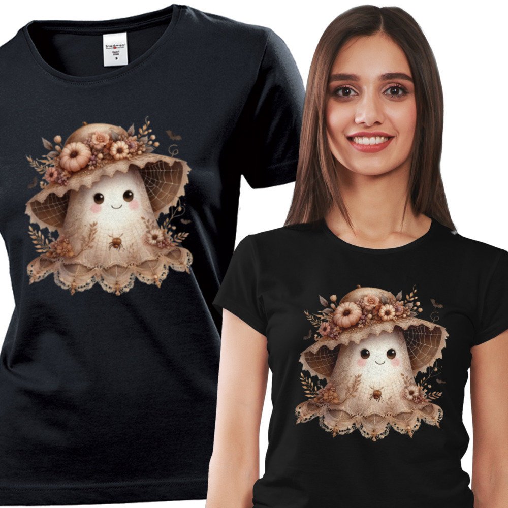 Koszulka damska Duszek W Kapeluszu Vintage Koronka Kwiaty Halloween M