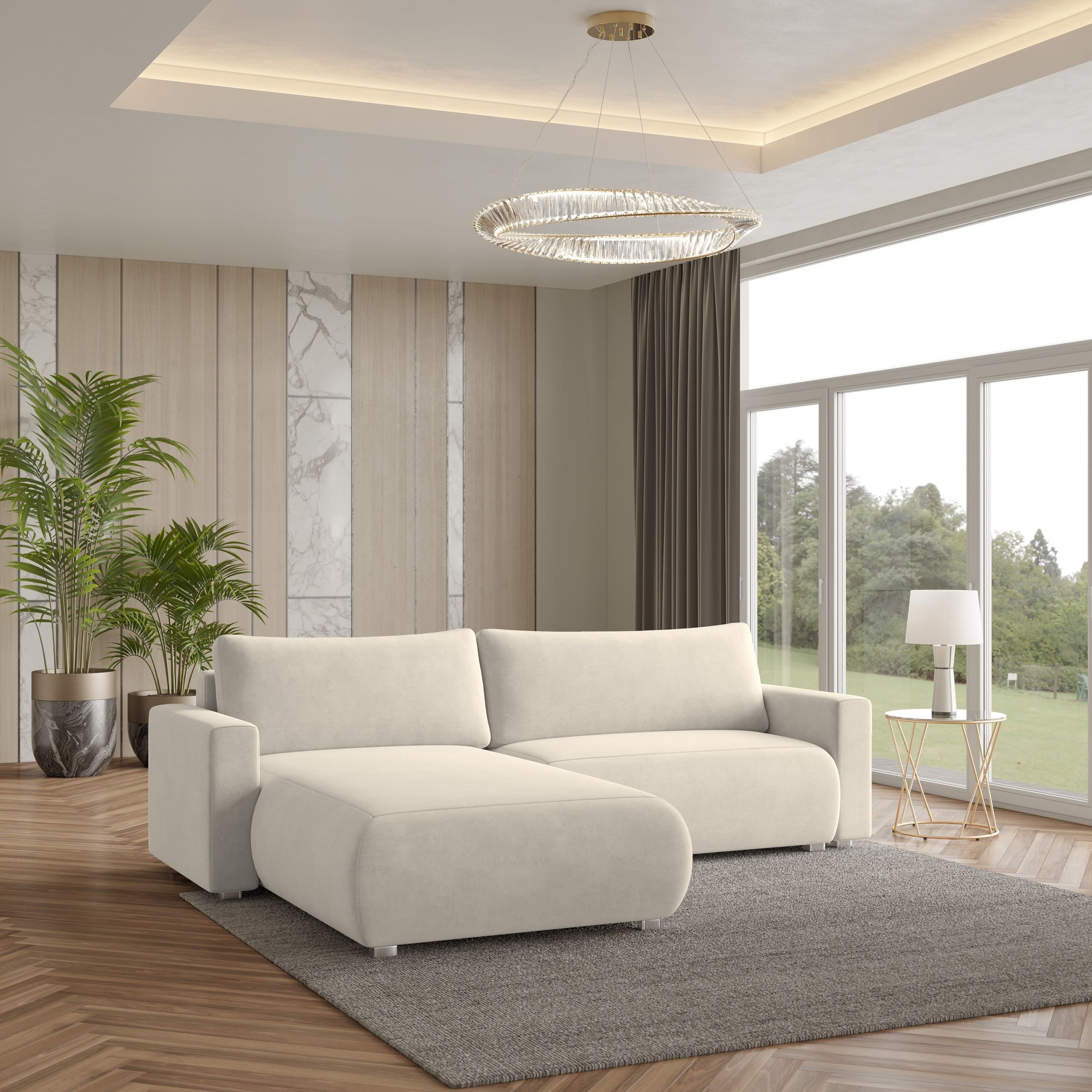 Masseno Narożnik TURIN M z funkcją spania i pojemnikiem na pościel Kształt L, Rozkładana sofa, Rogówka - Kremowy, MONOLITH 04