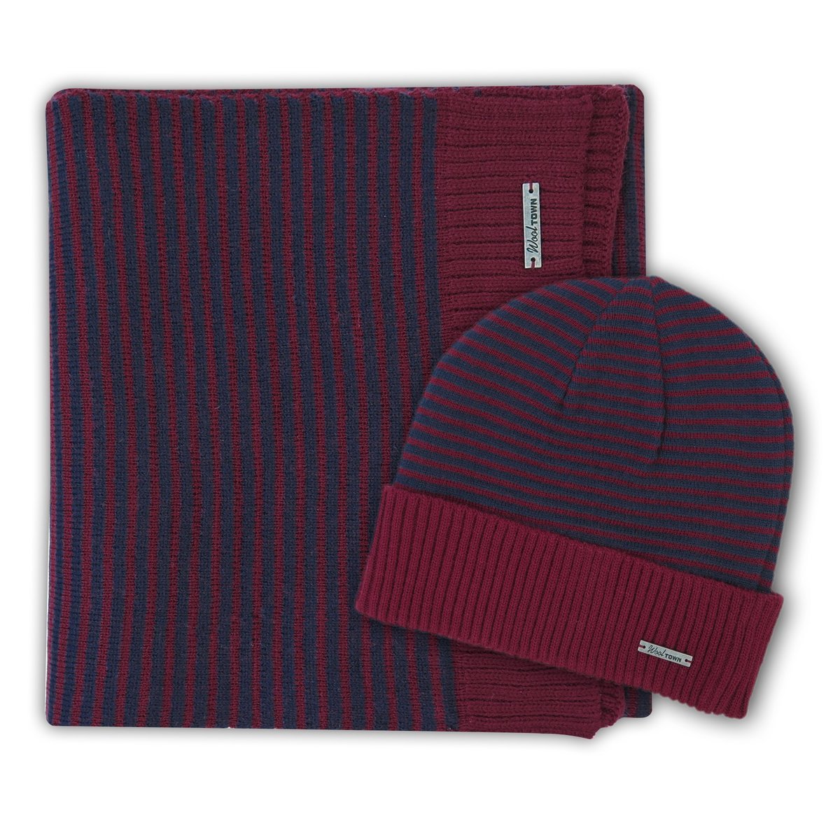 Zestaw szal + czapka w granatowo-bordowe paski W8
