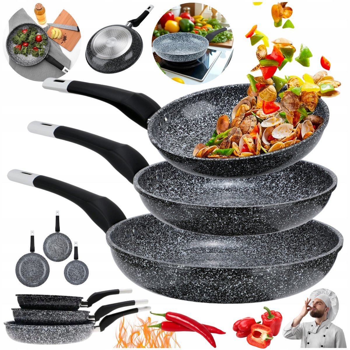 PRAKTYCZNY ZESTAW PATELNI MARMUROWYCH 20,24,28cm 3SZT GAZ INDUKCJA ZMYWARKA