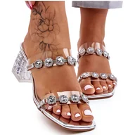 Klapki i japonki damskie - S.Barski Damskie Klapki Z Ozdobnymi Cyrkoniami Srebrne Leyla srebrny - miniaturka - grafika 1