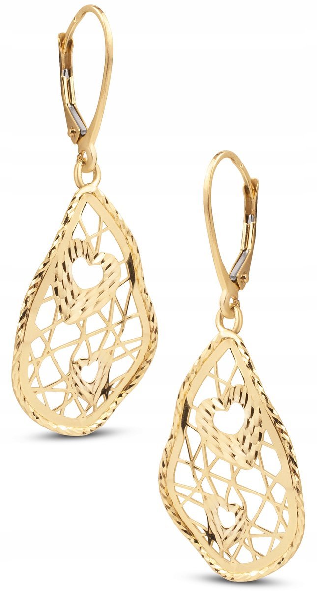 AŻUROWE FALOWANE ZŁOTE KOLCZYKI Z DIAMENTOWANIEM I SERDUSZKAMI 14KT 585