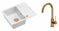 Zlewozmywaki z baterią - Quadron Zlewozmywak granitowy jednokomorowy 62*50*22 cm z ociekaczem MORGAN 116 SNOW WHITE z miedzianym odpływem z baterią INGRID Q LINE kolor miedziany - miniaturka - grafika 1