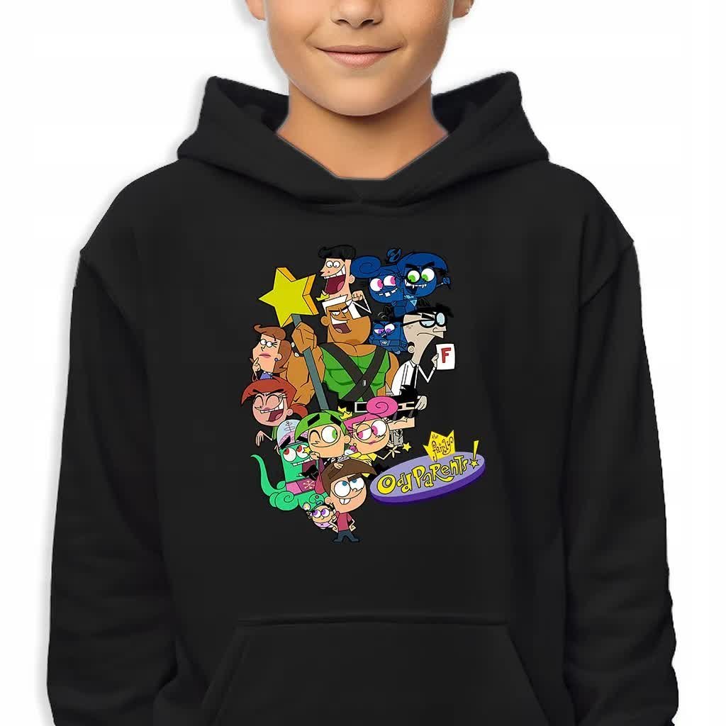 Bluza Dziecięca Z Kapturem Czarna Wróżkowie Chrzestni Postacie Wzory 128 Cm