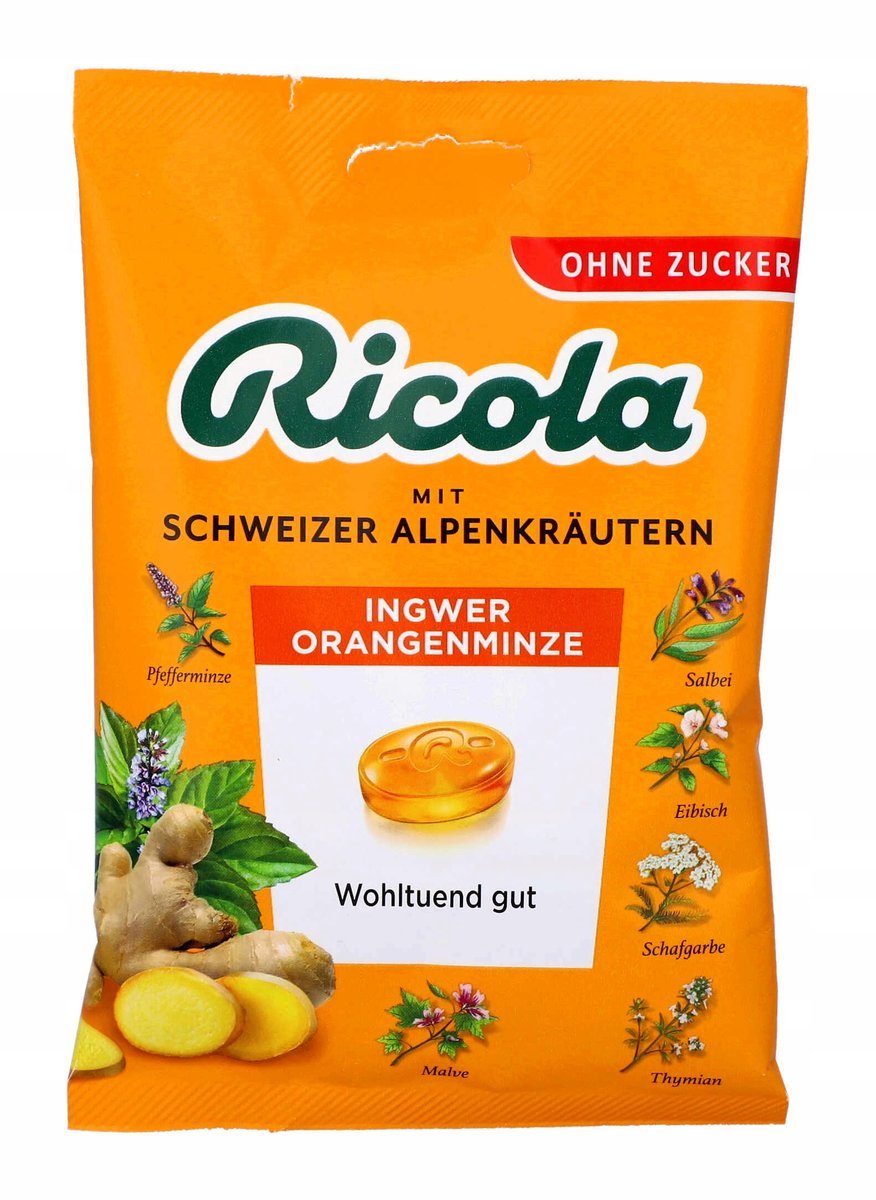 Cukierki Ziołowe Bez Cukru Ricola 75g Imbir Pomarańcza z Niemiec