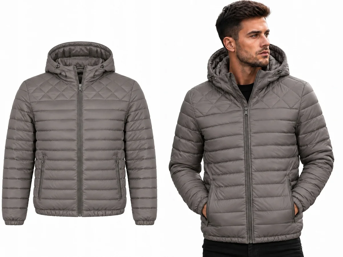 KURTKA MĘSKA Z KAPTUREM - Ciemnoszara Pikowana Klasyczna Jesienna Wygodna XL szary nylon