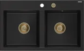 Zlewozmywaki - Mexen Hektor zlewozmywak granitowy 2-komorowy 800 x 490 mm, czarny, syfon złoty - 6521802000-77-G - miniaturka - grafika 1