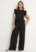 Komplety damskie - Czarny Komplet z Wiskozą Szerokie Spodnie i Bluzka z Falbankami Villimi - miniaturka - grafika 1